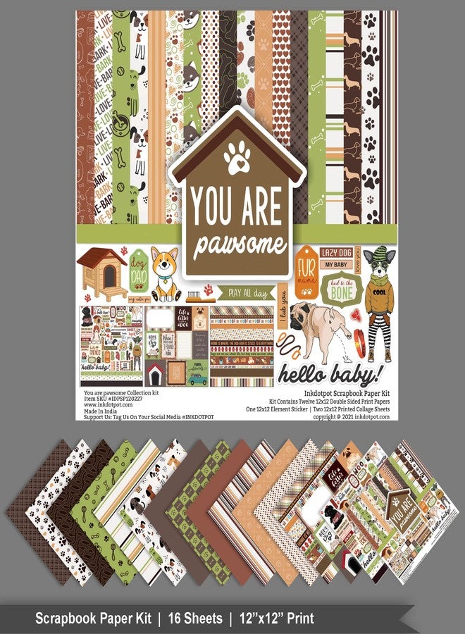 Inkdotpot Brown Green Dog Theme Collection Double,Sided Scrapbook Paper Kit Cardstock 12"x12" Card Making Paper Pack of with Sticker Sheet - 16 Pages - Brown & Green - Image 3
