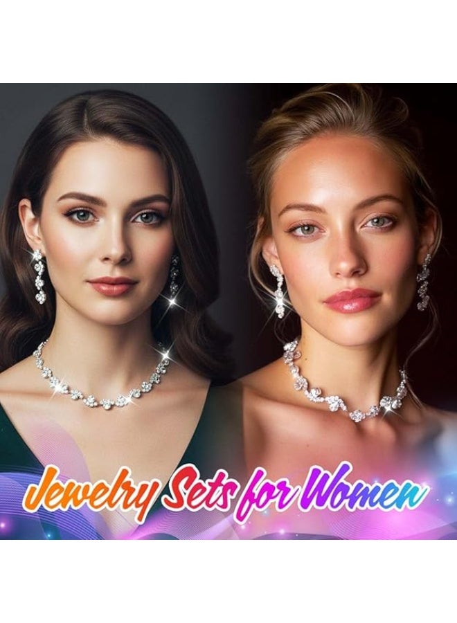 Unicra Bride Silver Necklace Earrings Set Crystal Bridal Wedding Jewelry Set Rhinestone Choker Necklace for Women and Brides - Image 5
