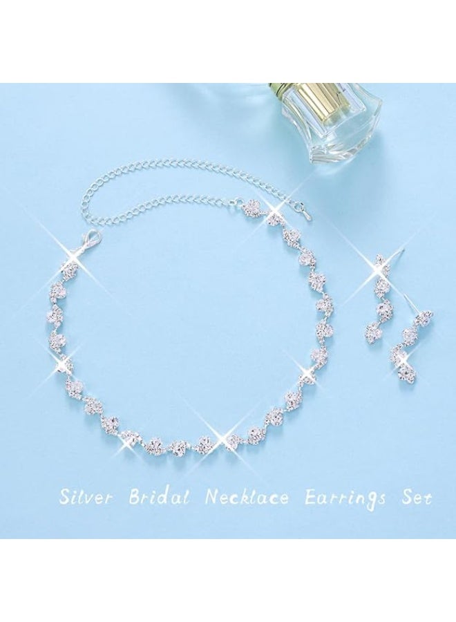 Unicra Bride Silver Necklace Earrings Set Crystal Bridal Wedding Jewelry Set Rhinestone Choker Necklace for Women and Brides - Image 3