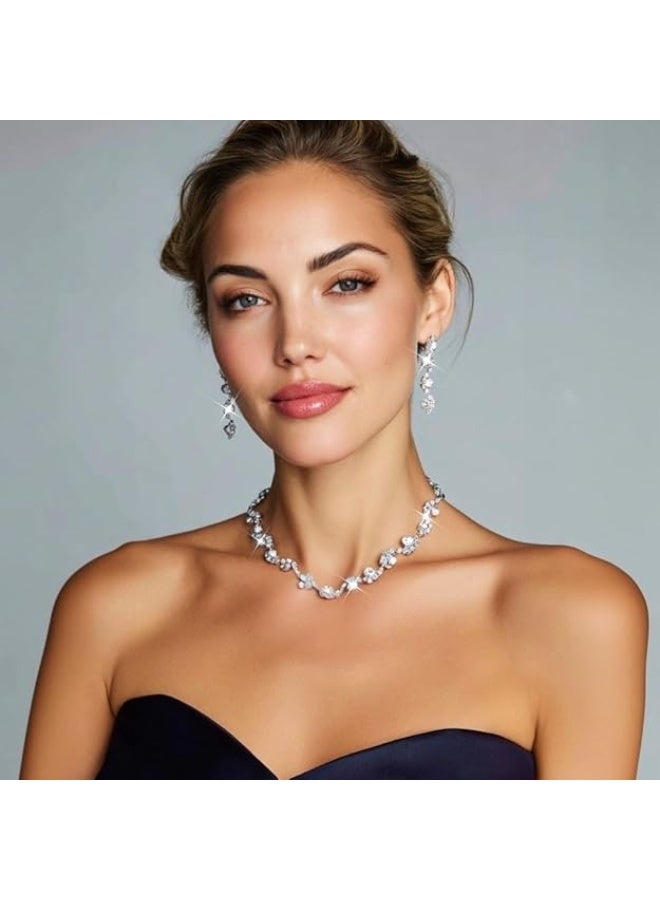 Unicra Bride Silver Necklace Earrings Set Crystal Bridal Wedding Jewelry Set Rhinestone Choker Necklace for Women and Brides - Image 2