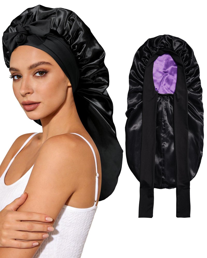 AWAYTR Long Satin Bonnet for Sleeping - Double Layer Reversible Silk Bonnet for Long Hair Women Sleeping Cap with Tie Band (Black+Purple) - Image 1