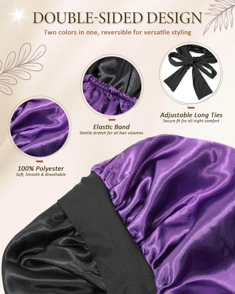 AWAYTR Long Satin Bonnet for Sleeping - Double Layer Reversible Silk Bonnet for Long Hair Women Sleeping Cap with Tie Band (Black+Purple) - Image 2