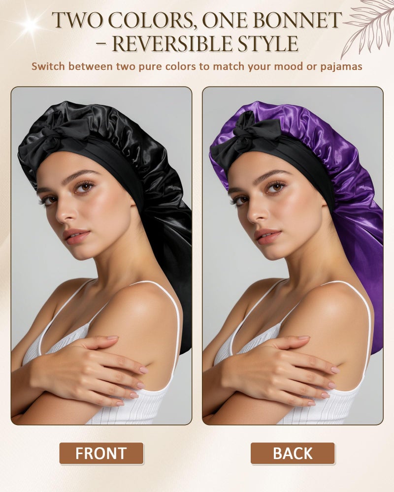 AWAYTR Long Satin Bonnet for Sleeping - Double Layer Reversible Silk Bonnet for Long Hair Women Sleeping Cap with Tie Band (Black+Purple) - Image 4