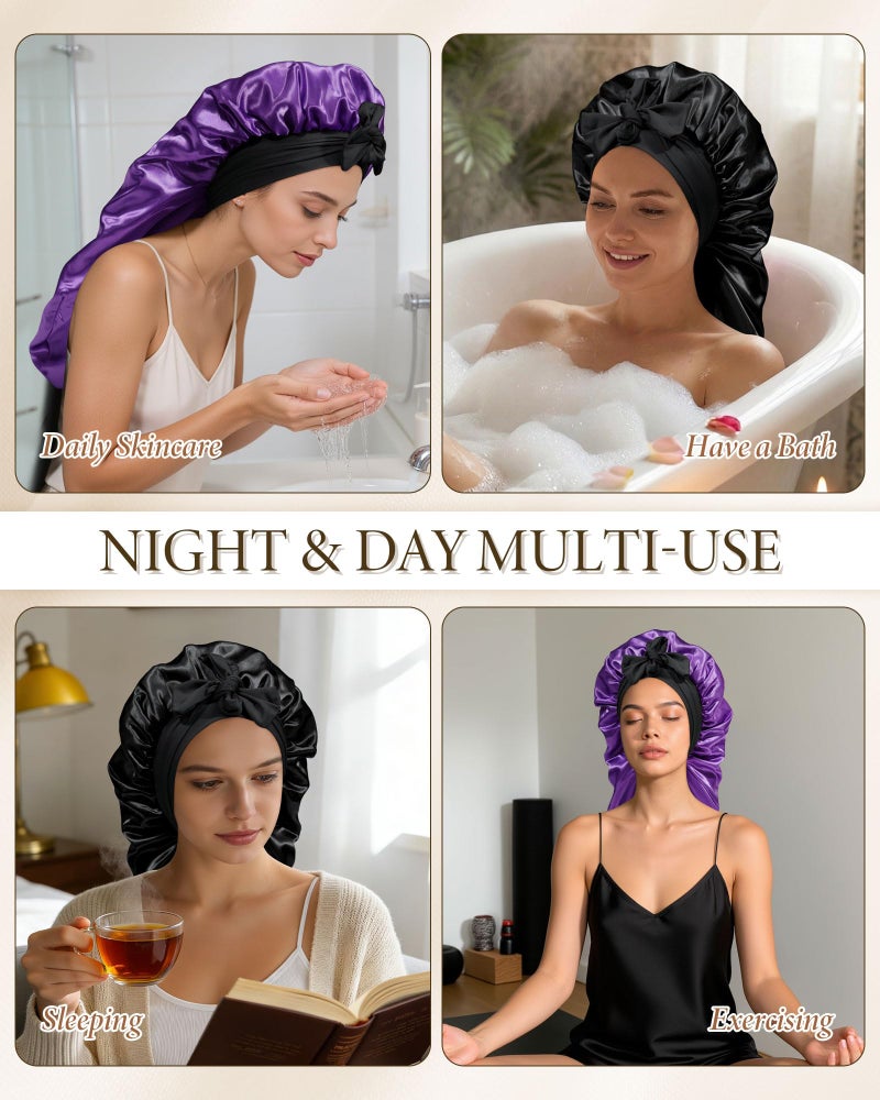 AWAYTR Long Satin Bonnet for Sleeping - Double Layer Reversible Silk Bonnet for Long Hair Women Sleeping Cap with Tie Band (Black+Purple) - Image 3