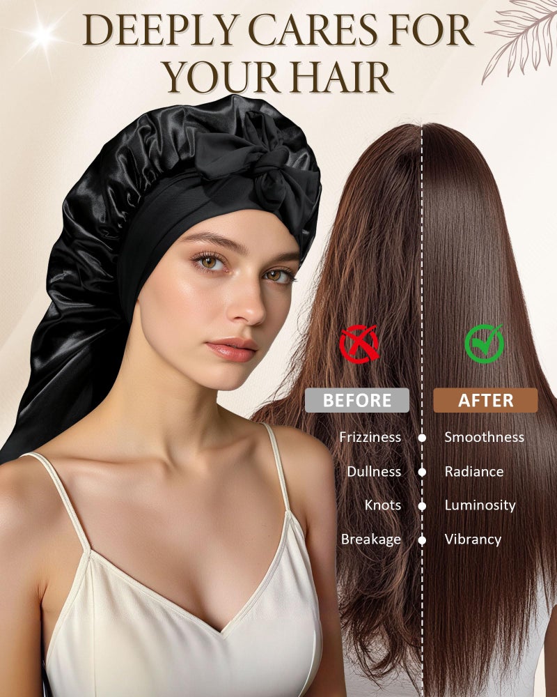 AWAYTR Long Satin Bonnet for Sleeping - Double Layer Reversible Silk Bonnet for Long Hair Women Sleeping Cap with Tie Band (Black+Purple) - Image 5