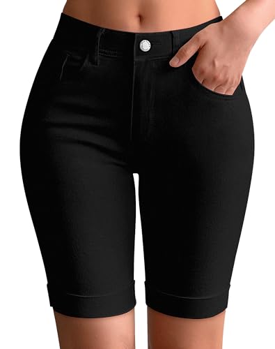 roswear Womens Mid Rise Roll Cuff Bermuda Stretch Denim Jean Shorts Black XXLarge