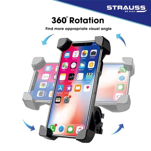 STRAUSS حامل هاتف دراجة STRAUSS - دوران 360° | مشبك تثبيت مقاوم للاهتزاز | متوافق مع الهواتف الذكية | حامل هاتف للدراجة لنظام GPS والخرائط (أسود) - Image 2