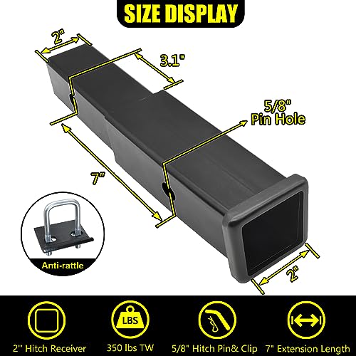 KAIRAY Trailer Hitch Extender, 2 Inch Receiver Tue Extension, 7 Inch Extension Length, with Anti Rattle Stabilizer & 5/8 Inch Hitch Pin and Clips, 3500 lbs GTW - Image 2