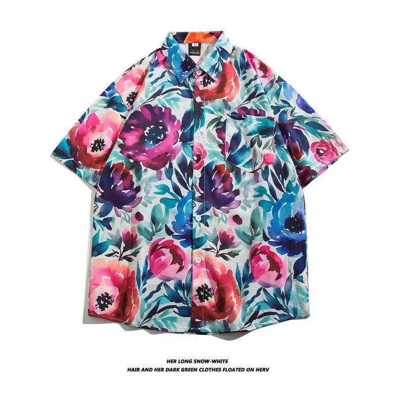 Summer Ins Vintage Floral Printed Short-Sleeved Shirt Men'S Fashion Brand Street Bf Lazy Style Couple Flower Shirt Jacket - Image 1