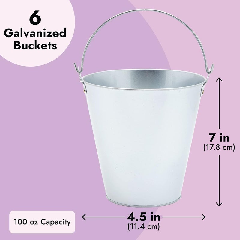 Juvale Metal Bucket - 6-Pack, 100 oz, 7 in Dia x 7.2 in H, Silver - Galvanized Buckets with Handles for Ice Tub & Beverage Tub - Image 4
