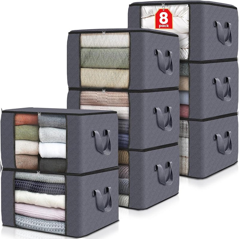 Fab totes 8 Pack Clothes Storage, Foldable Thick Fabric Blanket Storage Bags, Containers for Organizing Bedroom, Closet, Clothing, Comforter,Closet Organization with Handle,Grey - Image 1