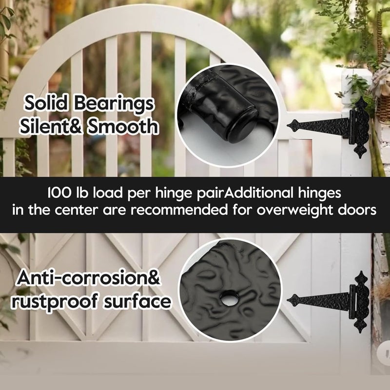 Wellmade T-Strap Gate Hinges Heavy Duty,Decorative Hammered T Hinges, Outdoor Hinges for Wood gate,6 Inch Tee Hinges for for Wood Shed Door Hardware Barn Door/Wooden Fences (Black,4 Pack) - Image 3