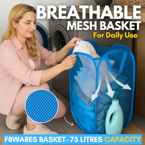 F8WARES 2PK 75 Litres Nylon Mesh Foldable Laundry Basket for Clothes - Odourless Breathable Laundry Bag for Clothes with Carry Handles - Kids Toy Baskets For Storage & Dirty Cloth Basket Hamper Sky - Image 3