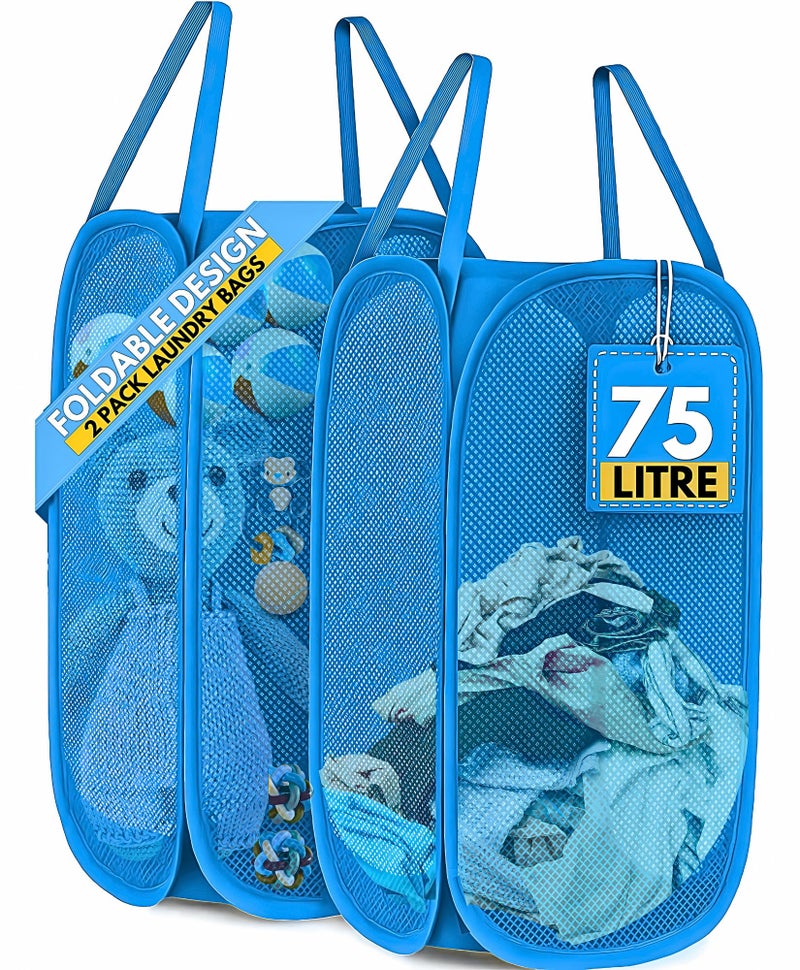 F8WARES 2PK 75 Litres Nylon Mesh Foldable Laundry Basket for Clothes - Odourless Breathable Laundry Bag for Clothes with Carry Handles - Kids Toy Baskets For Storage & Dirty Cloth Basket Hamper Sky - Image 1