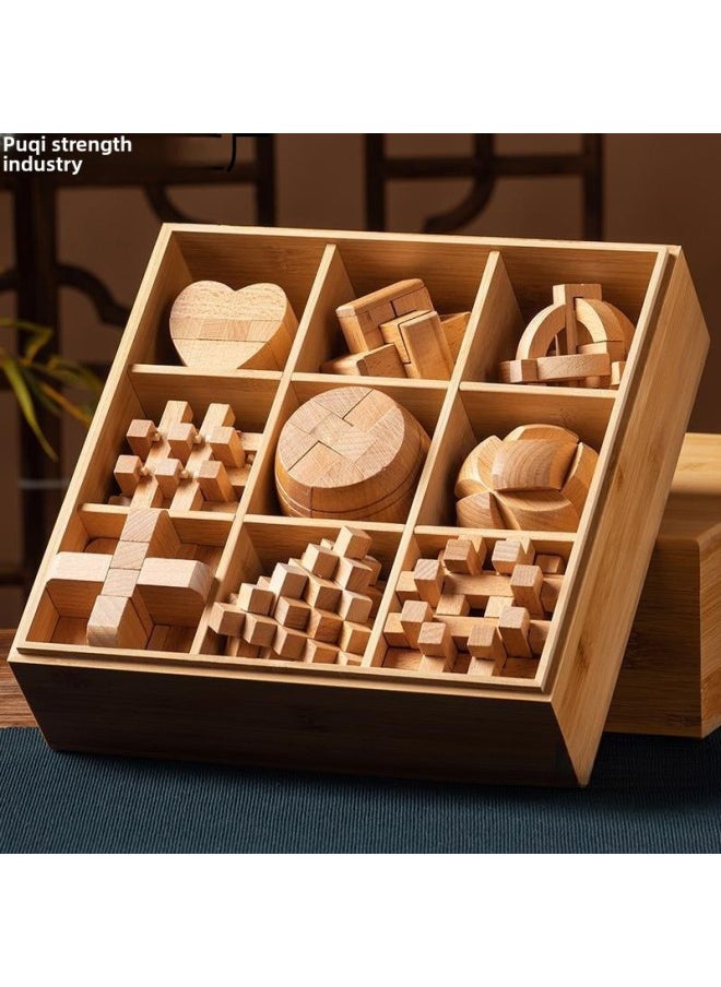 Generic - Luban Lock Kongming Lock Full Set Of Children's Educational Toys For Primary School Students-Year-old Unlock Unlocking Boys' Intelligence Building Blocks-Color:★Wooden Box★Beech Luban Lock Nine-piece Set B Advanced And Recommended For Middle School Students - Image 1