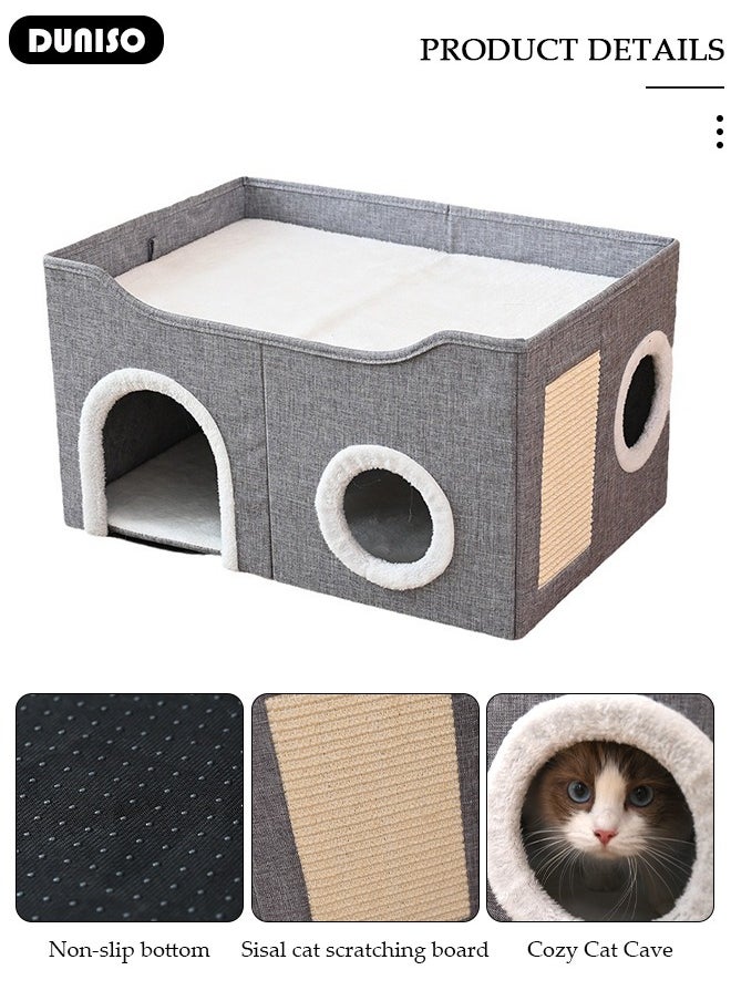 DUNISO - Large Cat House for Indoor Cats,Cat Beds, Large Cat Cave with Cozy Condo, Round Window, Foldable Indoor Cat House with Scratch Pad, Cat Hideaway with Double-Sided Soft Cushions - Image 1