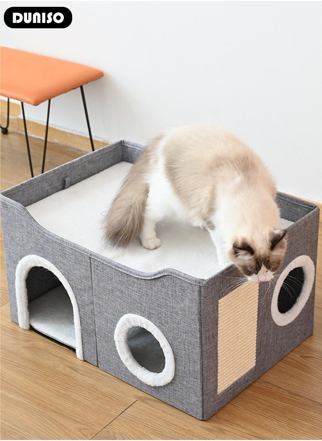 DUNISO - Large Cat House for Indoor Cats,Cat Beds, Large Cat Cave with Cozy Condo, Round Window, Foldable Indoor Cat House with Scratch Pad, Cat Hideaway with Double-Sided Soft Cushions - Image 1