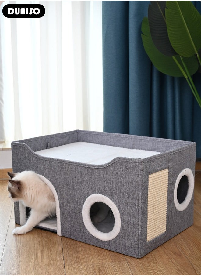 DUNISO - Large Cat House for Indoor Cats,Cat Beds, Large Cat Cave with Cozy Condo, Round Window, Foldable Indoor Cat House with Scratch Pad, Cat Hideaway with Double-Sided Soft Cushions - Image 1