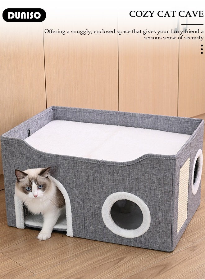 DUNISO - Large Cat House for Indoor Cats,Cat Beds, Large Cat Cave with Cozy Condo, Round Window, Foldable Indoor Cat House with Scratch Pad, Cat Hideaway with Double-Sided Soft Cushions - Image 1