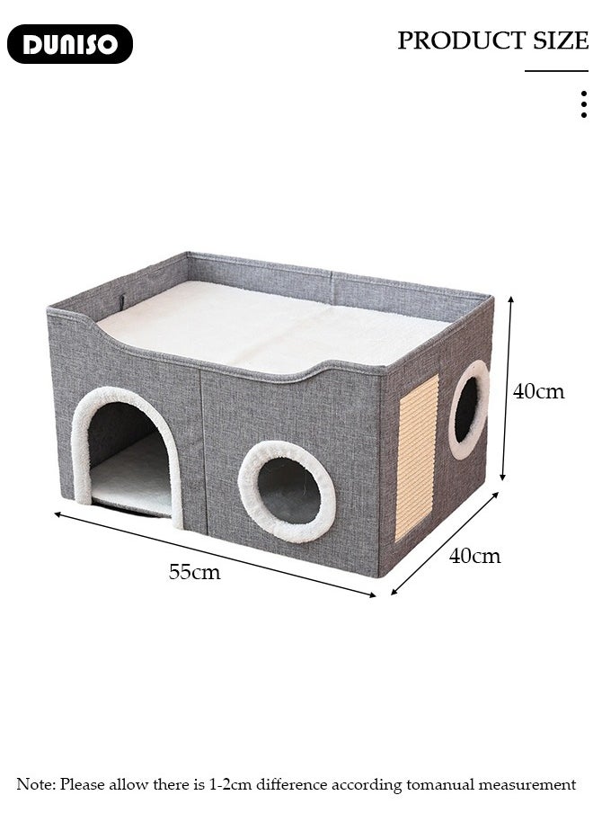 DUNISO - Large Cat House for Indoor Cats,Cat Beds, Large Cat Cave with Cozy Condo, Round Window, Foldable Indoor Cat House with Scratch Pad, Cat Hideaway with Double-Sided Soft Cushions - Image 1