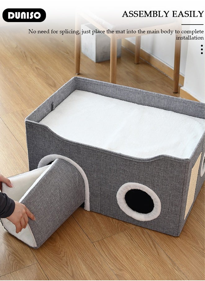 DUNISO - Large Cat House for Indoor Cats,Cat Beds, Large Cat Cave with Cozy Condo, Round Window, Foldable Indoor Cat House with Scratch Pad, Cat Hideaway with Double-Sided Soft Cushions - Image 1