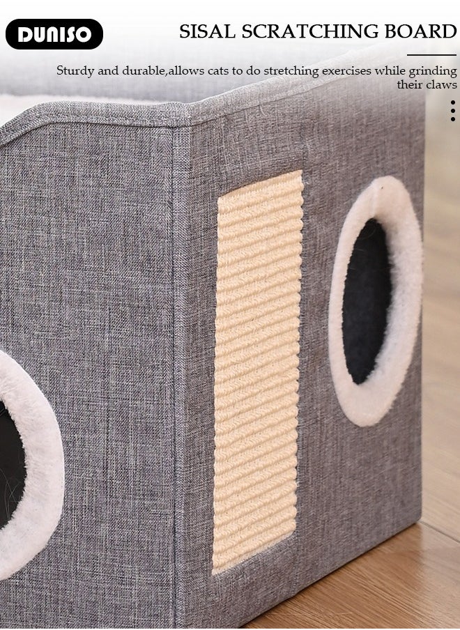 DUNISO - Large Cat House for Indoor Cats,Cat Beds, Large Cat Cave with Cozy Condo, Round Window, Foldable Indoor Cat House with Scratch Pad, Cat Hideaway with Double-Sided Soft Cushions - Image 1