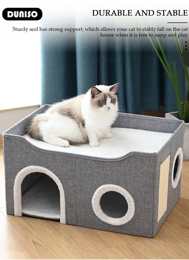 DUNISO - Large Cat House for Indoor Cats,Cat Beds, Large Cat Cave with Cozy Condo, Round Window, Foldable Indoor Cat House with Scratch Pad, Cat Hideaway with Double-Sided Soft Cushions - Image 1