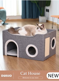 DUNISO Large Cat House for Indoor Cats,Cat Beds, Large Cat Cave with Cozy Condo, Round Window, Foldable Indoor Cat House with Scratch Pad, Cat Hideaway with Double-Sided Soft Cushions  - Image 1