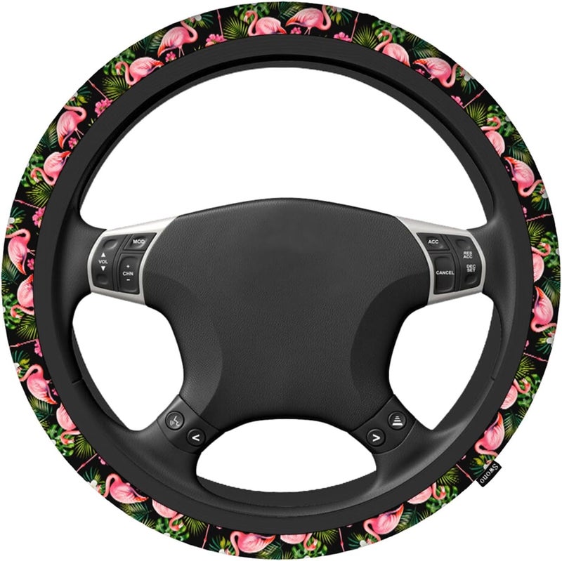 Swono Flower and Flamingo Car Steering Wheel Cover Tropical Flowers and Birds On Black Safe Driving Anti-Slip Steering Wheel Covers Steering Wheel Protection No Smell Universal 15 Inch - Image 2