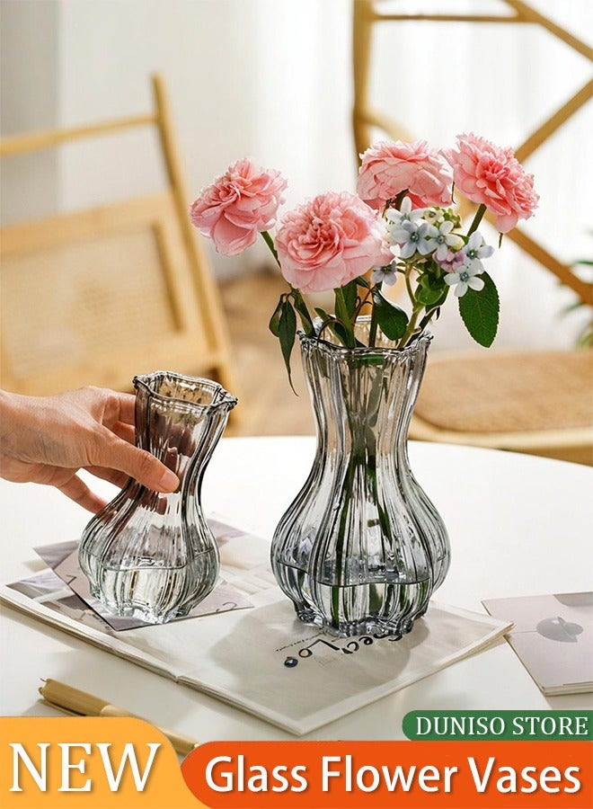 DUNISO 2 Pack Luxurious Irregular Transparent Glass Vase Set Vertical Pattern Glass Vase Hydroponics Art Flower Devices Desktop Grey Vase For Home Decor, Living (6.5*15cm/9*20cm)  - Image 1