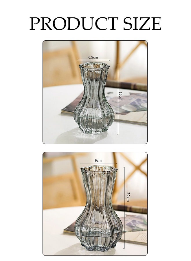 DUNISO 2 Pack Luxurious Irregular Transparent Glass Vase Set Vertical Pattern Glass Vase Hydroponics Art Flower Devices Desktop Grey Vase For Home Decor, Living (6.5*15cm/9*20cm)  - Image 3