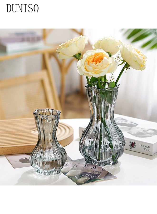 DUNISO 2 Pack Luxurious Irregular Transparent Glass Vase Set Vertical Pattern Glass Vase Hydroponics Art Flower Devices Desktop Grey Vase For Home Decor, Living (6.5*15cm/9*20cm)  - Image 2