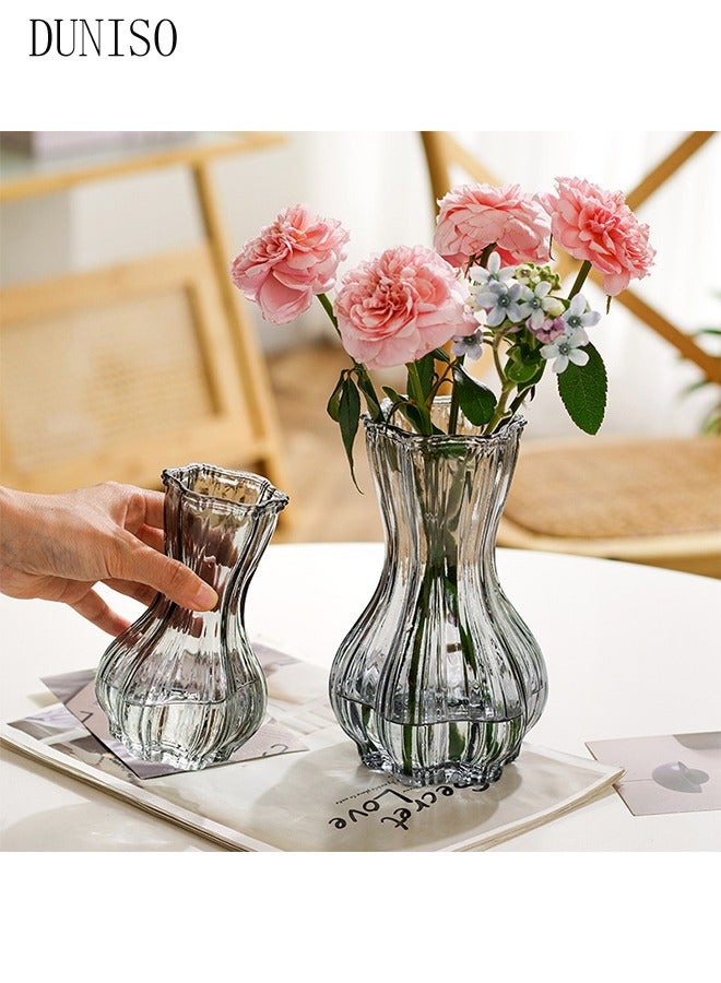 DUNISO 2 Pack Luxurious Irregular Transparent Glass Vase Set Vertical Pattern Glass Vase Hydroponics Art Flower Devices Desktop Grey Vase For Home Decor, Living (6.5*15cm/9*20cm)  - Image 5
