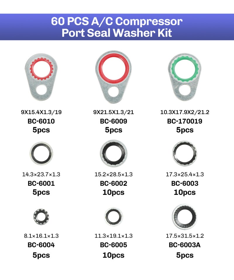 bylikeho AC O Ring Kit 60pcs AC Seal Kit Silver Rubber Automotive Air Conditioning Line ORings 9 Sizes 1 Pack - Image 4