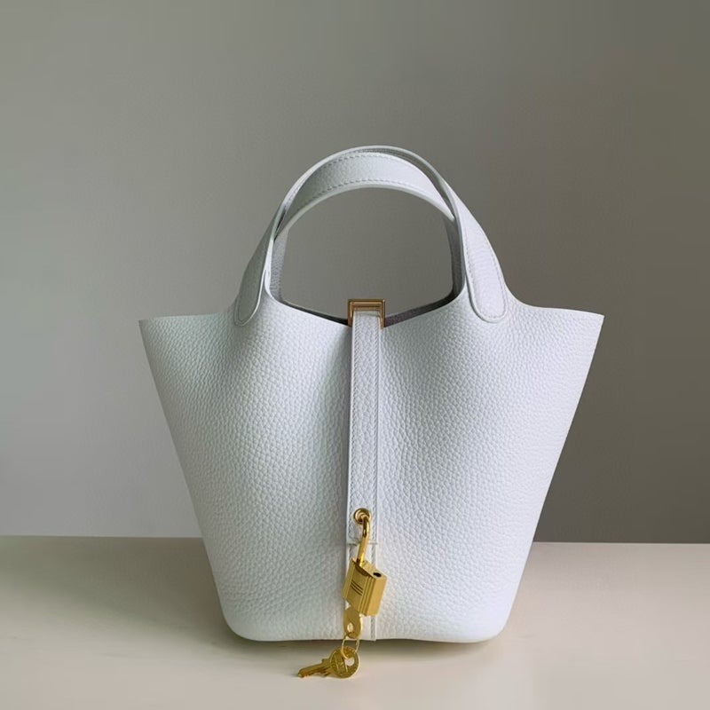 18cm Wax Line Hand Sewed TC Top Layer Cowhide Vegetable Basket Bag Bucket Bag Genuine Leather Womens Bag Handbag Pure white 