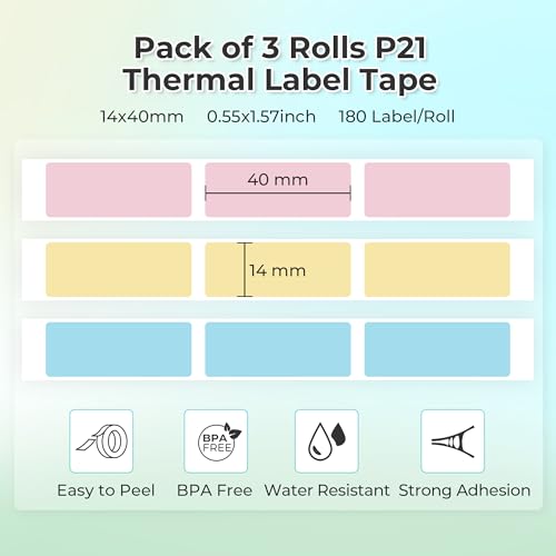 NELKO Genuine P21 Label Maker Tape, Adapted Label Print Paper, 14x40mm (0.55"x1.57"), Standard Laminated Office Labeling Tape Replacement, Multipurpose of P21, 180 Tapes/Roll, 3-Roll, Blue/Yellow/Pink - Image 3