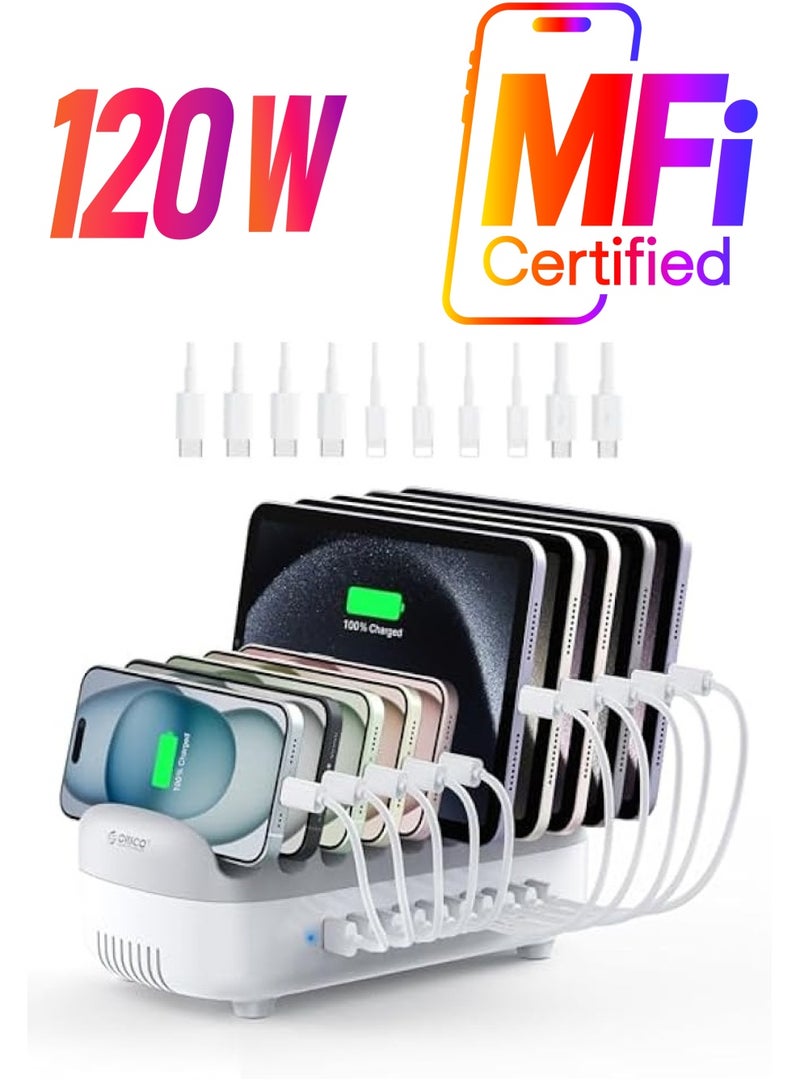 Orico Multi USB Charging Station, 120W Charging Docking Organizer for Multiple Devices with Cables, 10-Ports Charging Station Compatible with iPad, iPhone, Tablet, Kindle and Cell Phones - Image 1
