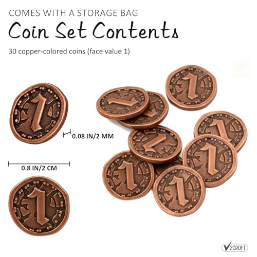 v2croft 30 PCS Metal Coins for Board Games Copper Color Tokens with Face Value 1 for Tabletop RPG Treasure Coins for Pirate Game Party Cosplay - Image 5