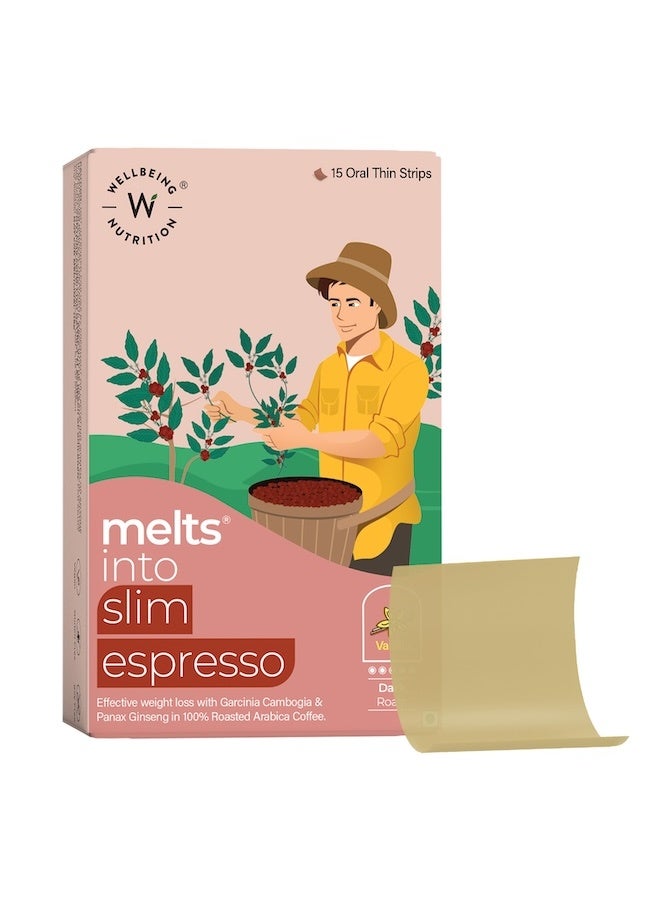 WELLBEING NUTRITION Melts Slim Expresso | Roasted Arabica Coffee, Garcinia Cambogia, Ginseng, Green Coffee | Supports Metabolism & Energy, Helps Control Appetite, Fatigue & Fat, 15 Oral Strips - Image 1