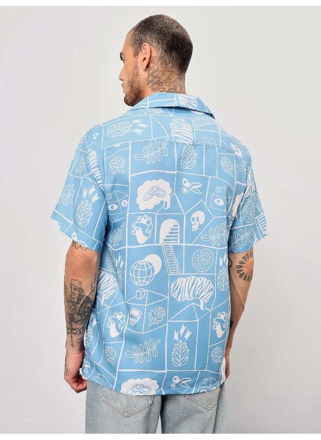 Beyoung Half Sleeve Doodle Hawaiian Shirt for Men Multicolour