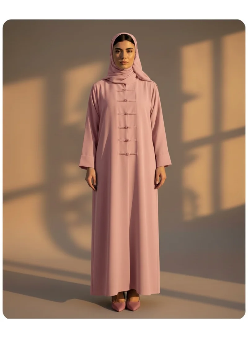 مويستريت Pink Korean Nida Abaya with Matching Headscarf & Knot Button Detail