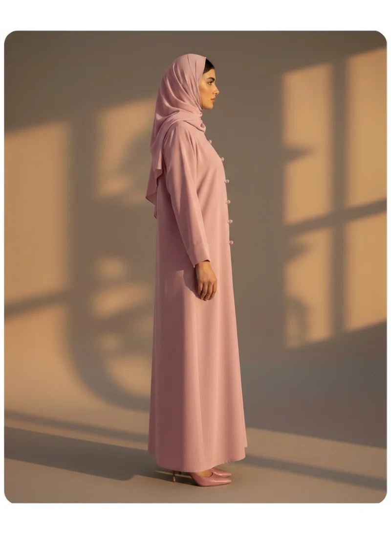 مويستريت Pink Korean Nida Abaya with Matching Headscarf & Knot Button Detail