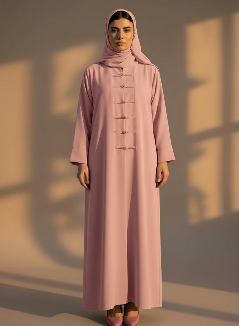 مويستريت Pink Korean Nida Abaya with Matching Headscarf & Knot Button Detail