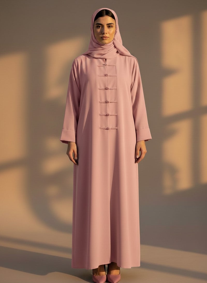 Moistreet Pink Korean Nida Abaya with Matching Headscarf & Knot Button Detail - Image 1