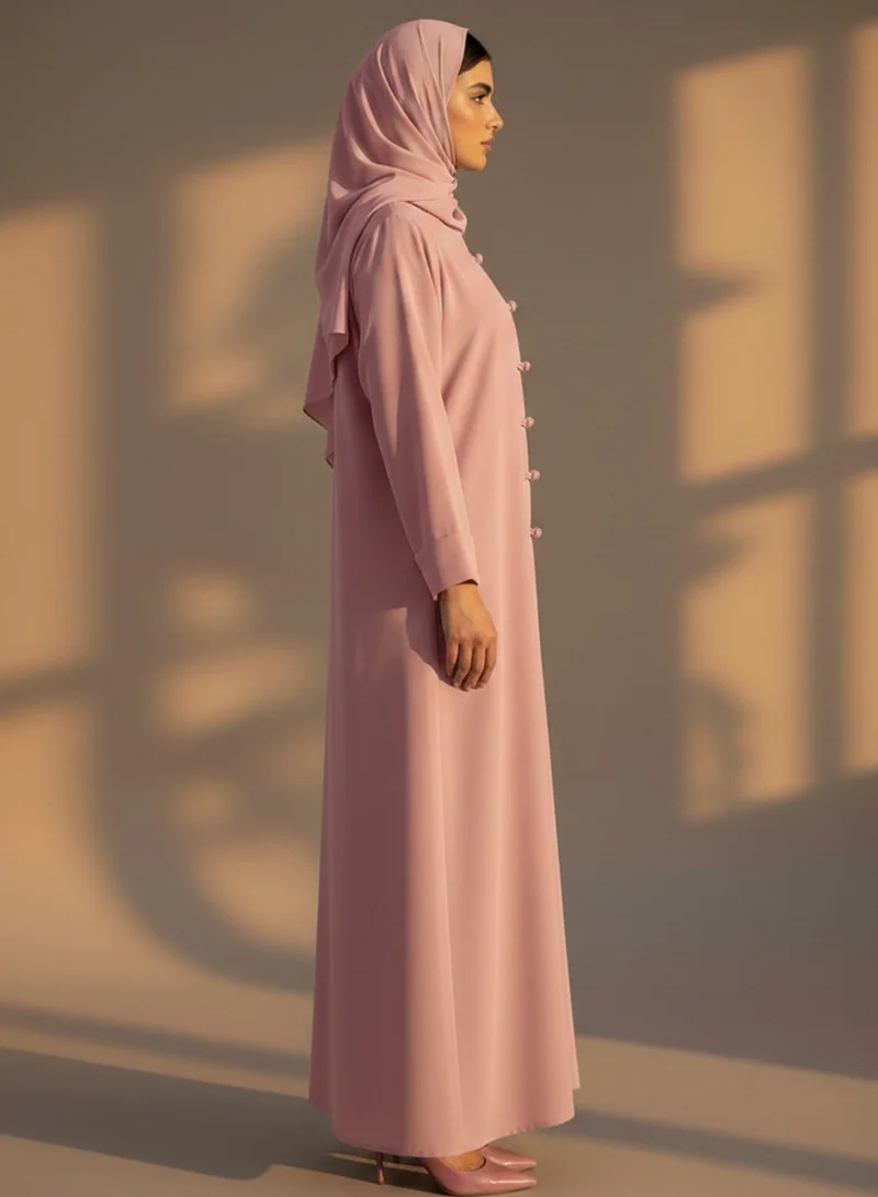 مويستريت Pink Korean Nida Abaya with Matching Headscarf & Knot Button Detail
