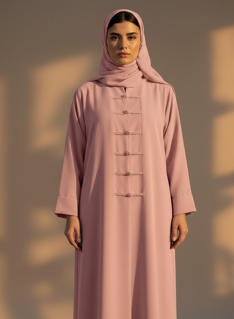 Moistreet Pink Korean Nida Abaya with Matching Headscarf & Knot Button Detail - Image 3