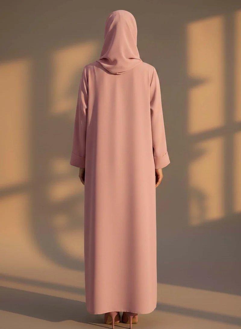 Moistreet  Pink Korean Nida Abaya with Matching Headscarf & Knot Button Detail for Women | Best Price UAE