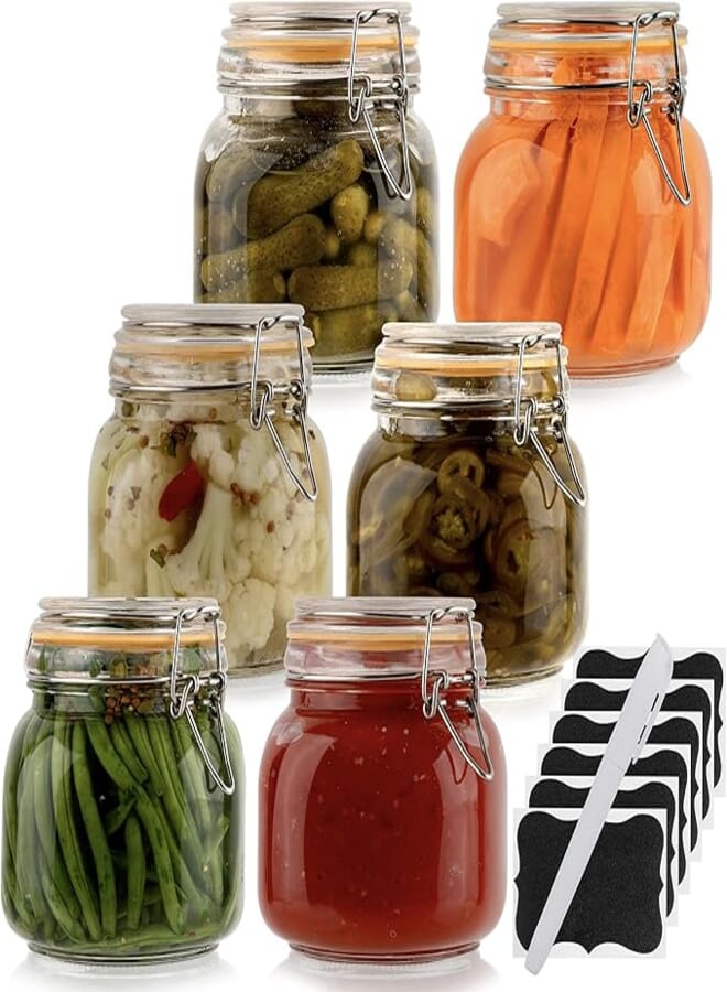 Galashield Glass Jars with Airtight Lid 24 oz | Glass Airtight Food Storage Containers | Clear Leak Proof Rubber Gasket and Clamp Lid [Set of 6]