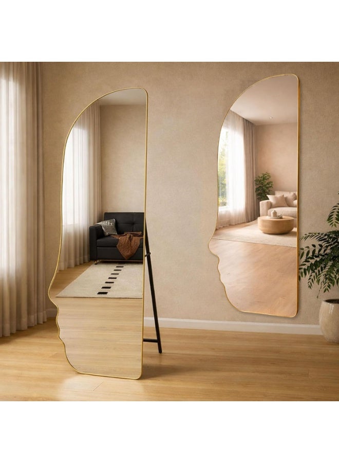 Decorhills Face-Shaped Full-Length Mirror (160x60 cm), Floor-Standing & Wall-Mounted Mirror with Foldable Metal Stand, Hanging Clip, Modern Frame for Bedroom & Living Room (Gold) - Image 4