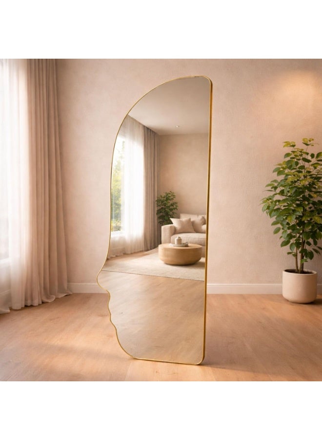 Decorhills Face-Shaped Full-Length Mirror (160x60 cm), Floor-Standing & Wall-Mounted Mirror with Foldable Metal Stand, Hanging Clip, Modern Frame for Bedroom & Living Room (Gold) - Image 3